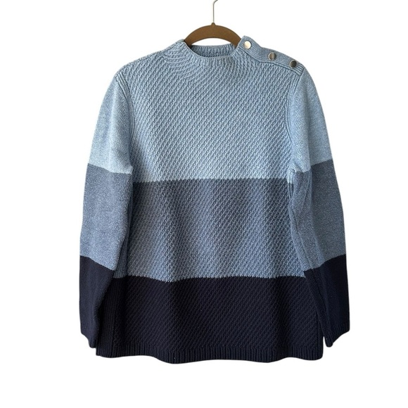 Talbots Mockneck Colorblock Sweater Size Large Blue Button Trim Cotton Blend - Picture 2 of 12